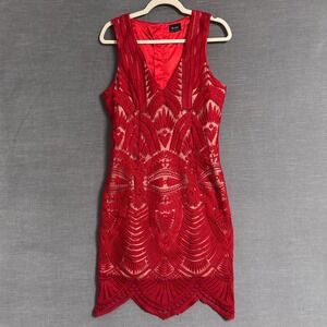 Bardot Dress 8 M Red Lace Stretch Cocktail Formal Holiday Christmas Deco Boho